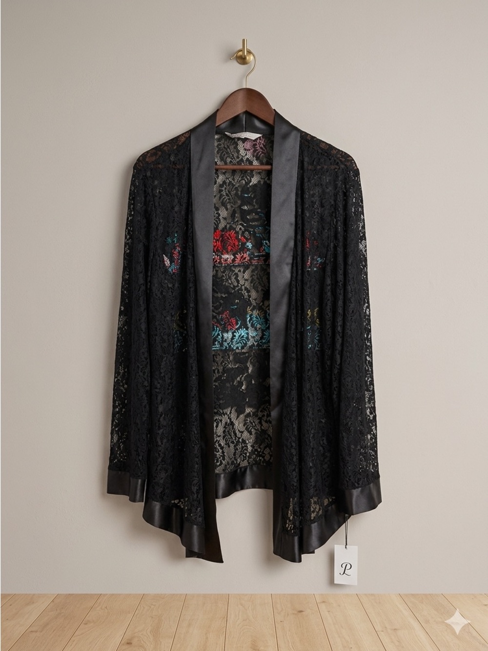 Penningtons Black Lace Open-Front Cardigan with Satin Trim